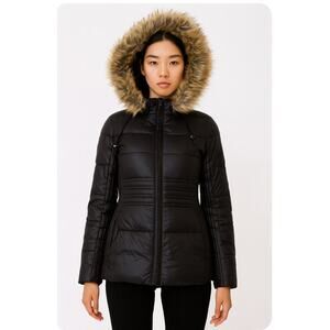 Calvin Klein cost black puffer coat with faux fur hood zip up coat SZ SP